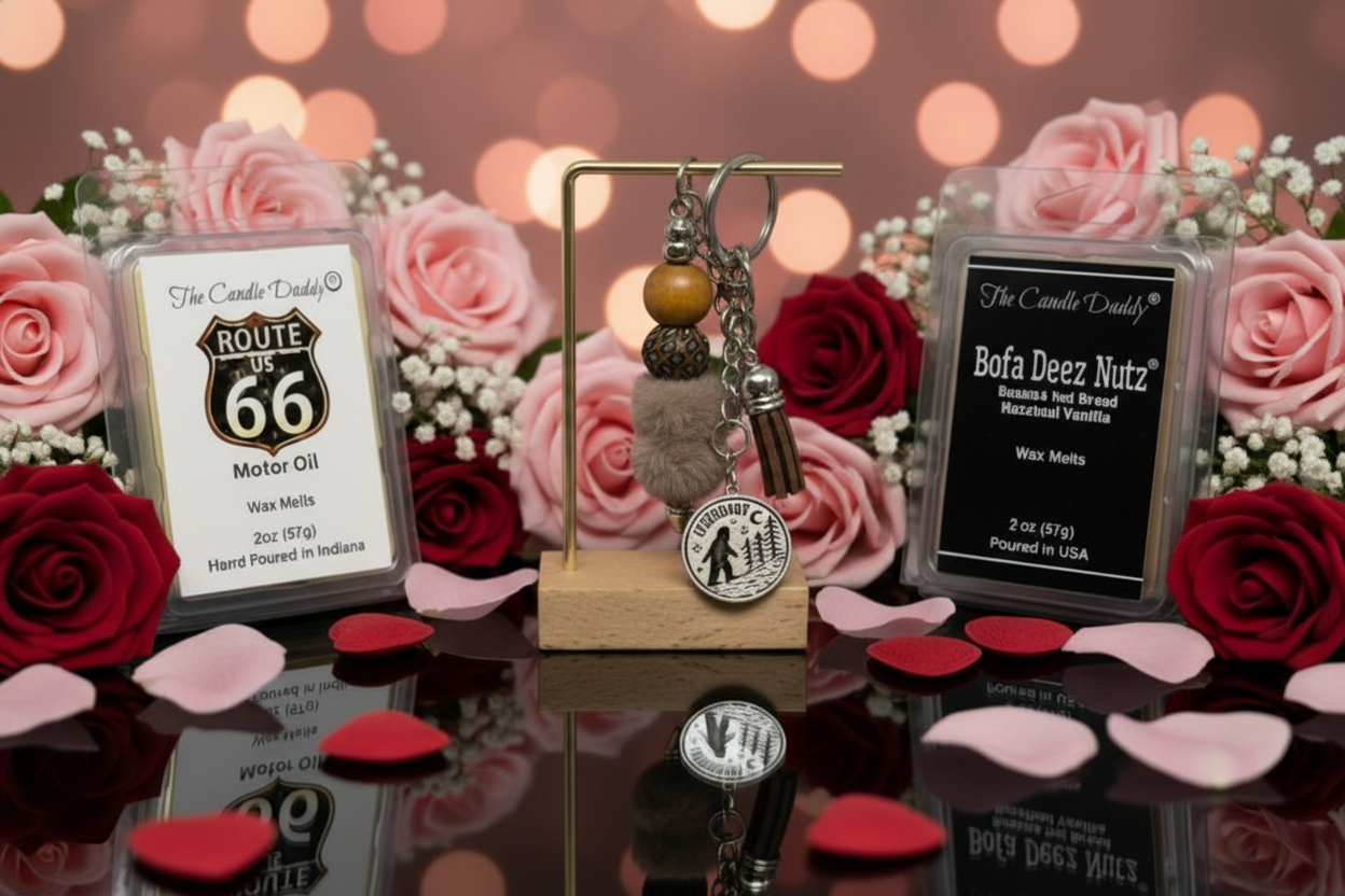 Decorative keychain on a stand with candles labeled 'Route 66' and 'Boba Dee Nutz' surrounded by pink and red roses.