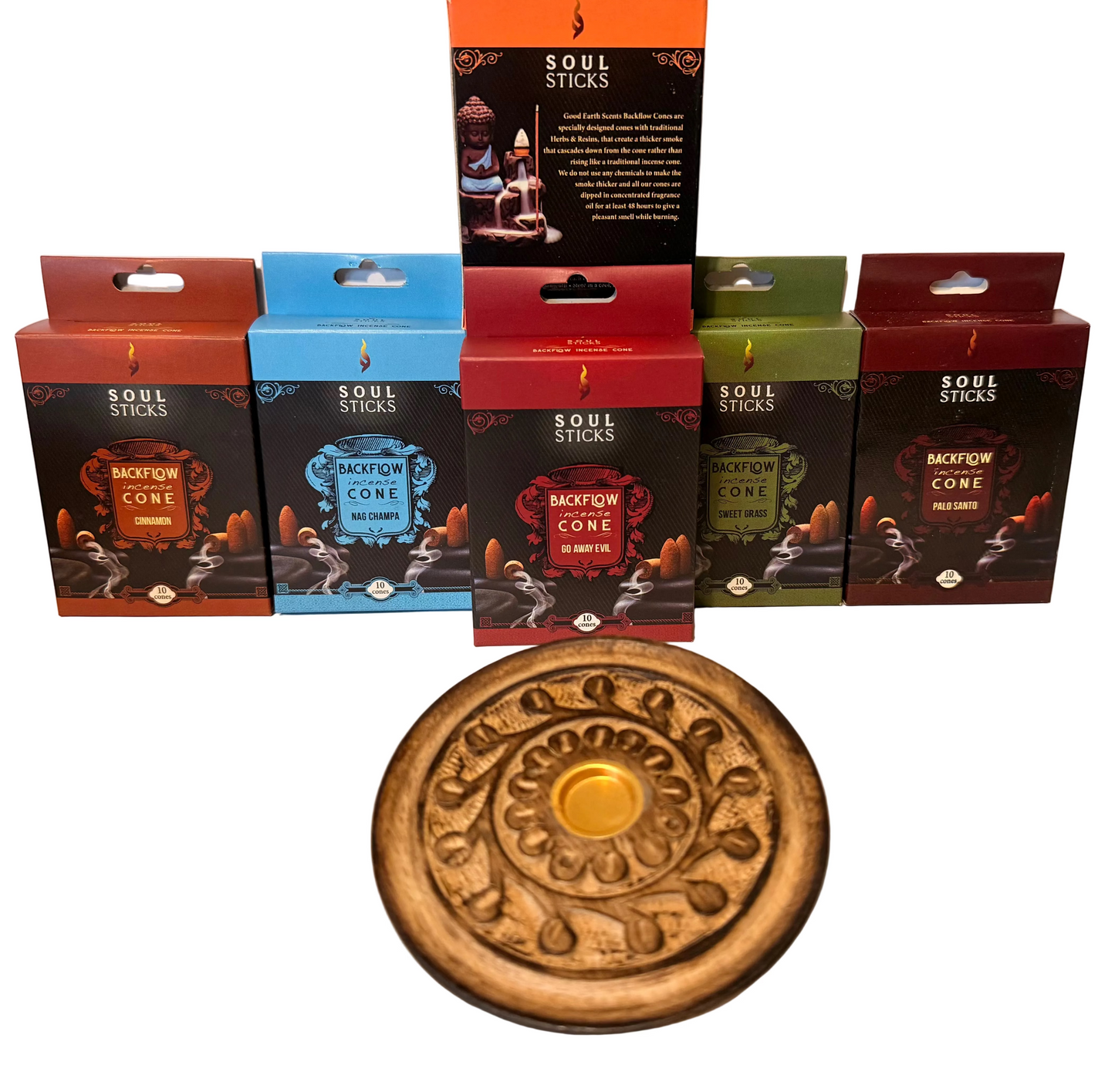 Ritual Collection: Nag Champa, Palo Santo, Copal, Cinnamon, Go Away Evil, SweetGrass + Holder. 60 Backflow Incense Cones.