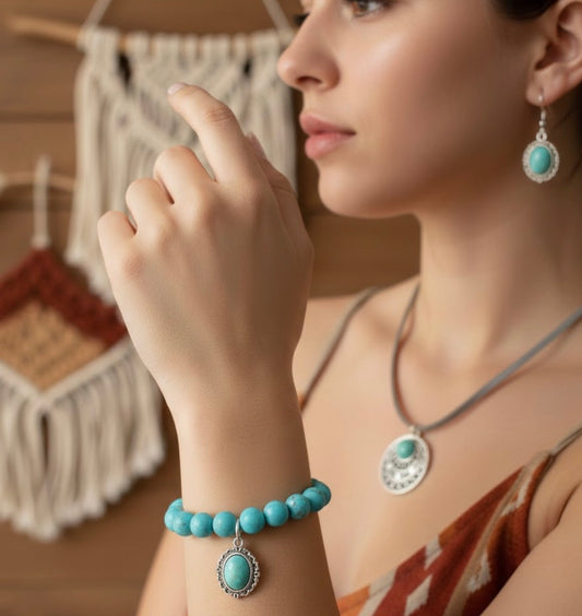 Woman wearing turquoise jewelry including a bracelet and earrings, with a blurred background.
