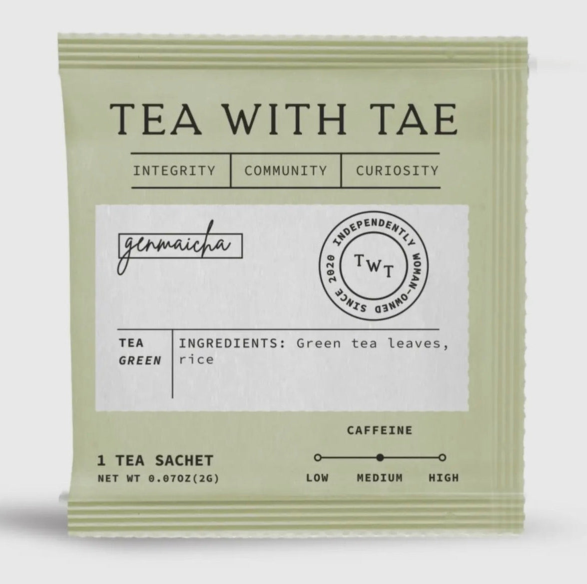 Tea package with 'Tea with Tae' branding on a white background