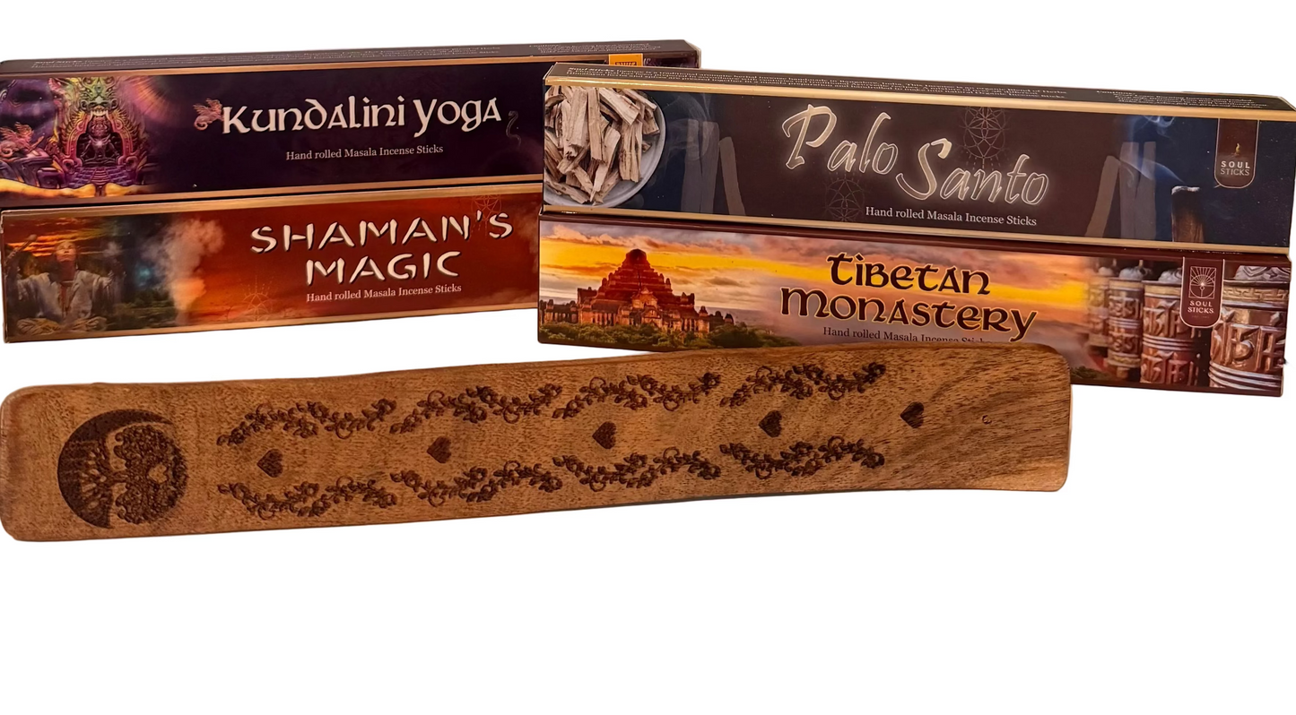 Collection of Soul Sticks incense boxes with labels such as 'Kundalini Yoga', 'Shaman's Magic', 'Palo Santo', and 'Tibetan Monastery' on a white background. Ethereal by Lez.