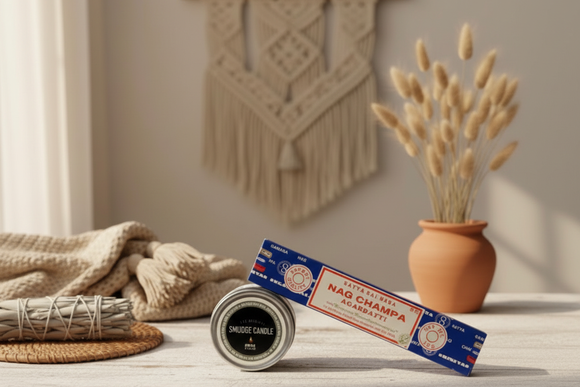 Nag Champa incense sticks and candle on a wooden surface with decorative elements in the background
