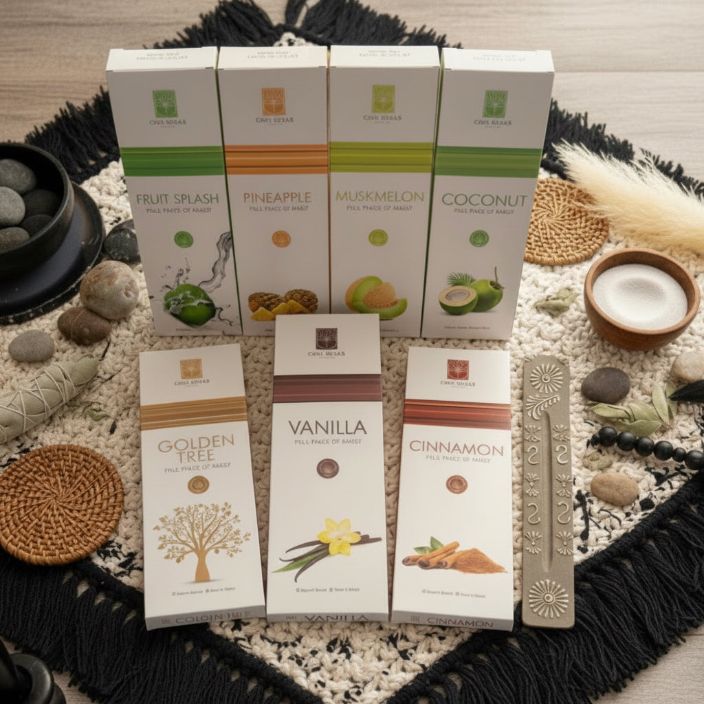 Collection of incense boxes with various scents on a textured surface