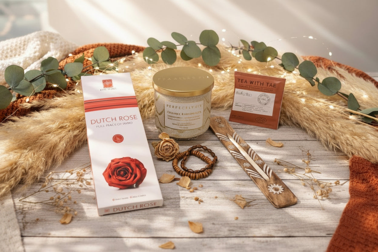Self care items including a candle, tea, and a box of Dutch Rose incense on a wooden surface
