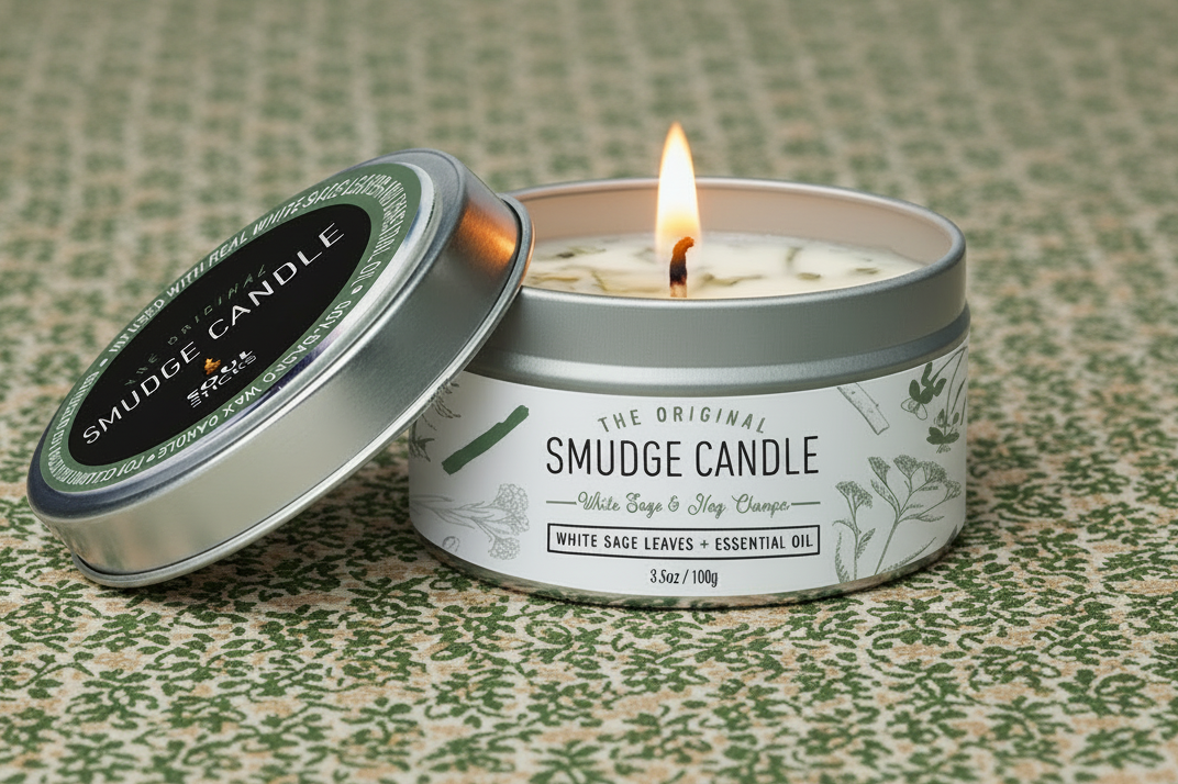 Smudge candle in a tin with a lit wick on a patterned surface