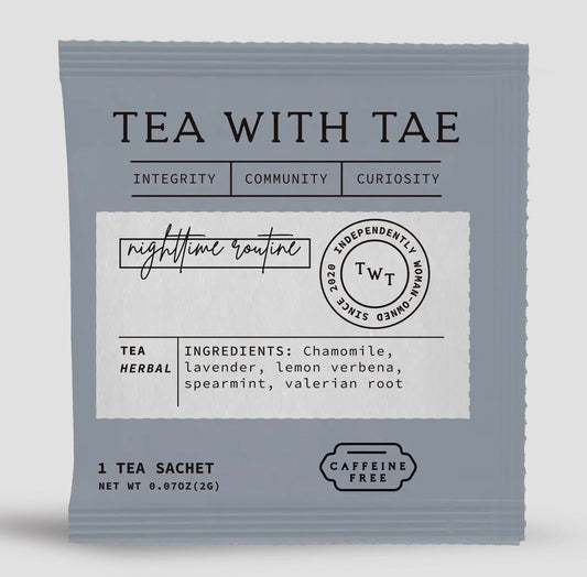 Tea package with 'Tea with Tae' branding on a light gray background