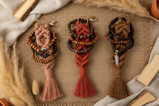 Three macrame keychains with tassels and beaded bracelets on a textured fabric background