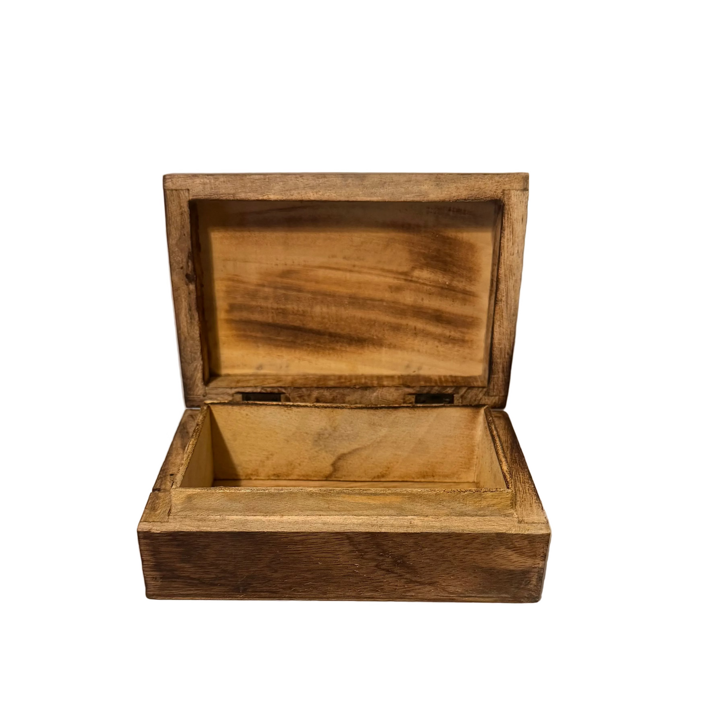 Wooden box with a hinged lid on a white background