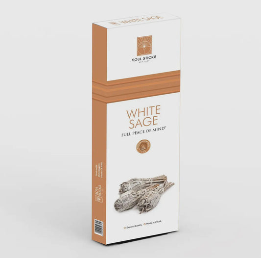 Box of White Sage sticks by Soul Sticks on a light gray background