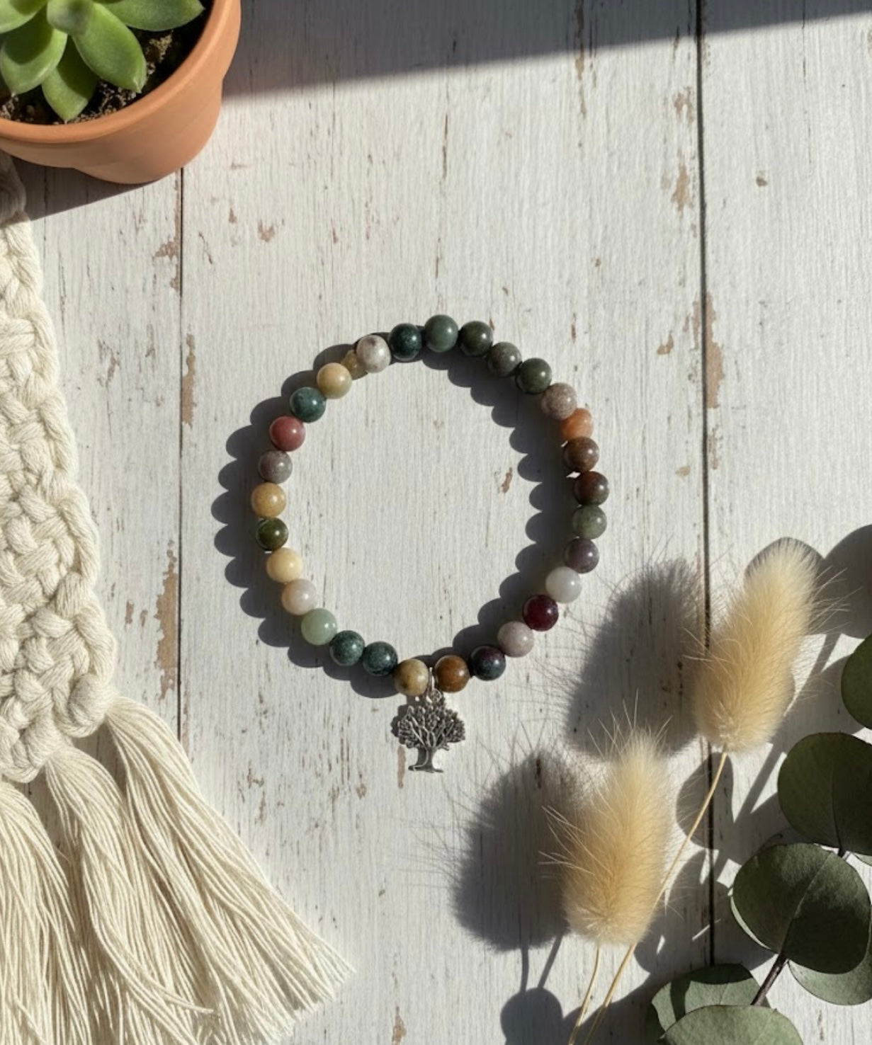 Indian Agate Bracelet with tree charm boho scene