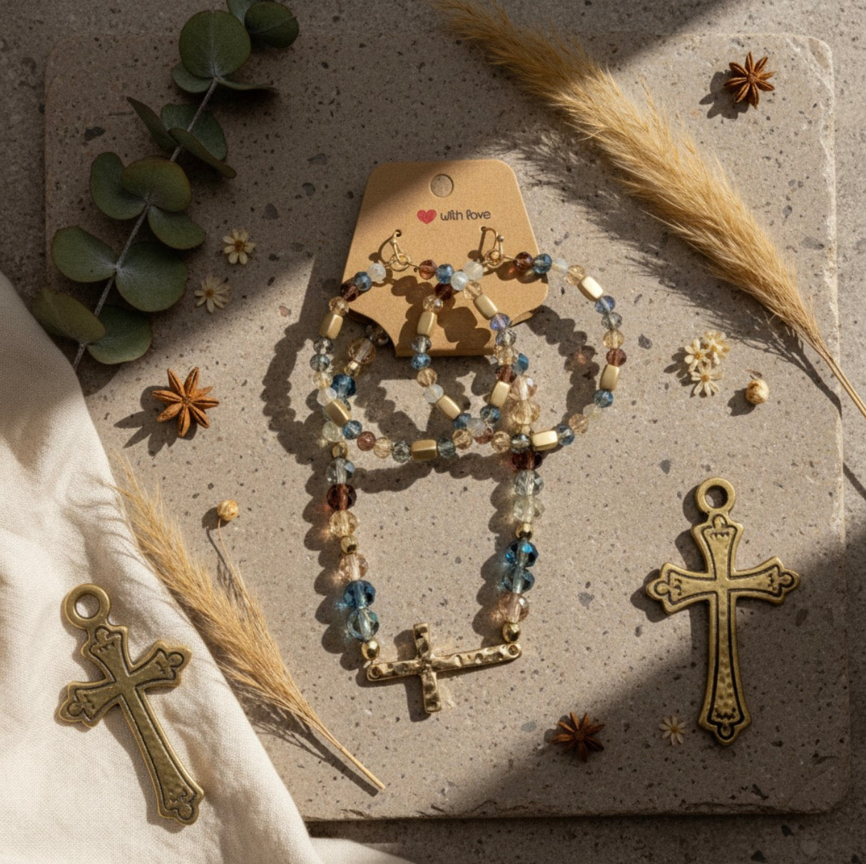 Celestial Blue Guardian Angel Cross Bracelet + Earrings Set