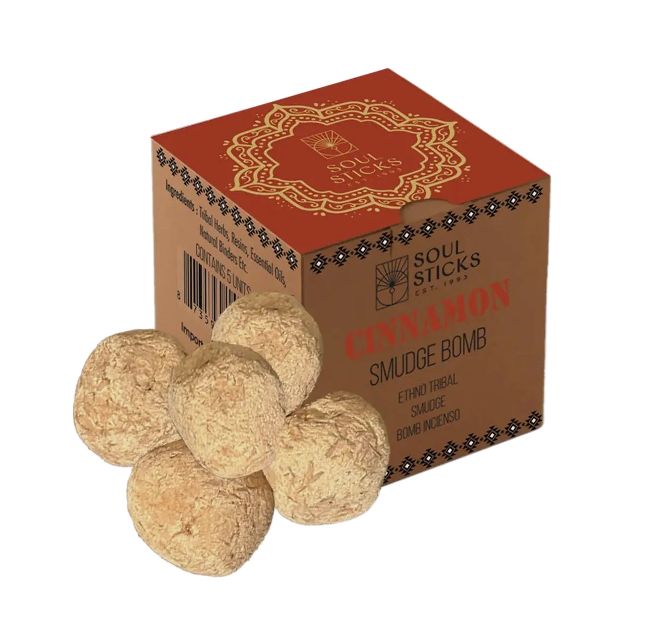 Soul Sticks Cinnamon Smudge Bomb packaging with three balls on a light gray background