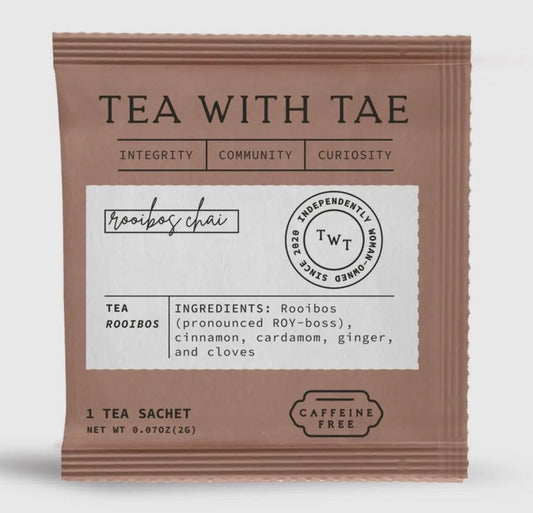 Rooibos Chai Tea sachet from 'Tea with Tae' on a white background