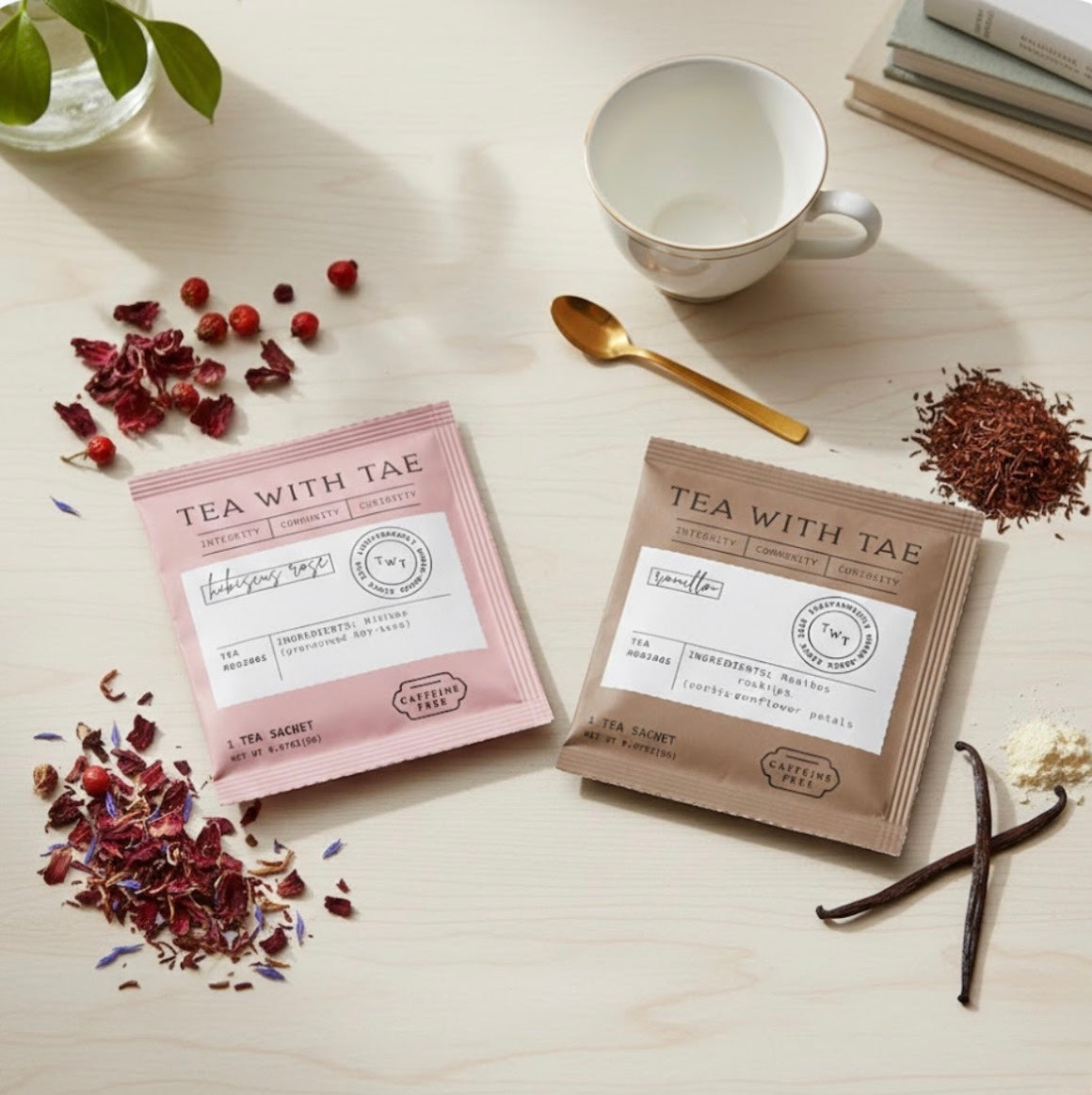 Two 'Tea with Tae' tea bags on a light surface with dried herbs and a cup.