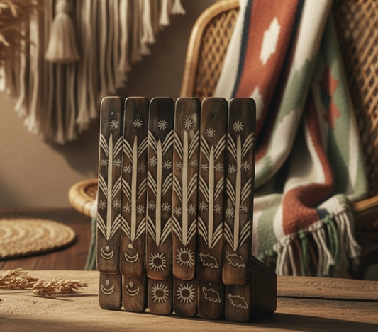 Set of wooden incense burners with patterns on a wooden surface, with decorative elements in the background.