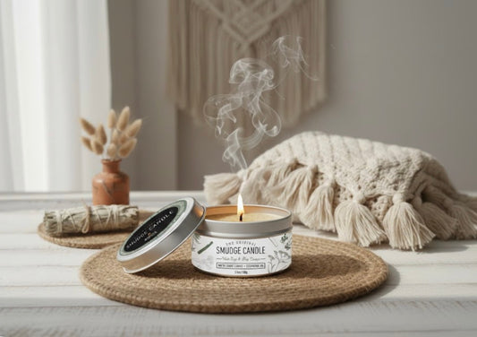 Smudge candle with smoke on a wooden surface with decorative elements.