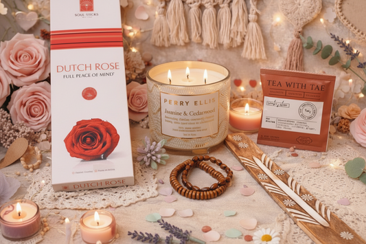 Ritual set featuring candles, tea, incense, and jewelry with incense holder surrounded by flowers and boho designs