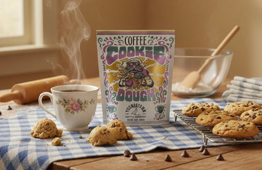 Coffee and cookie packaging with cookies and a cup on a checkered tablecloth.
