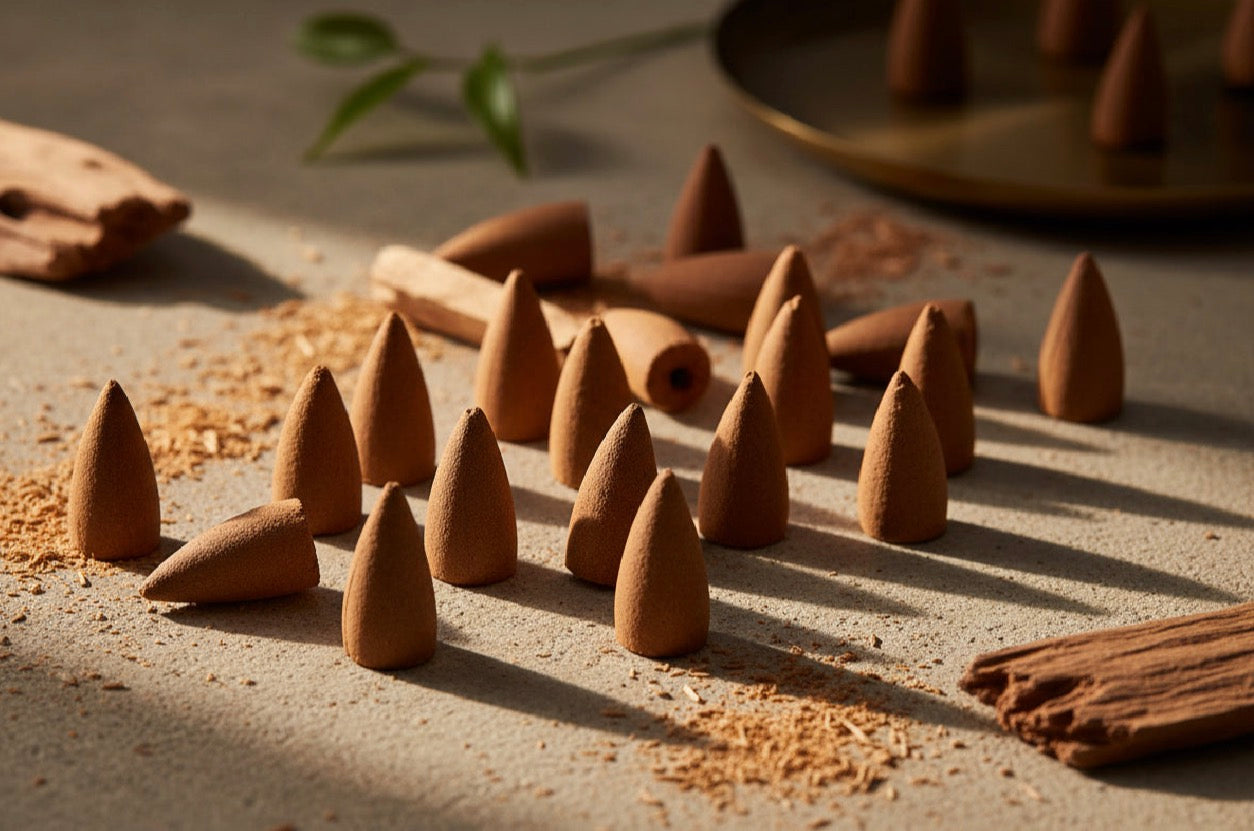 Incense cones on a textured surface with cinnamon sticks and leaves.