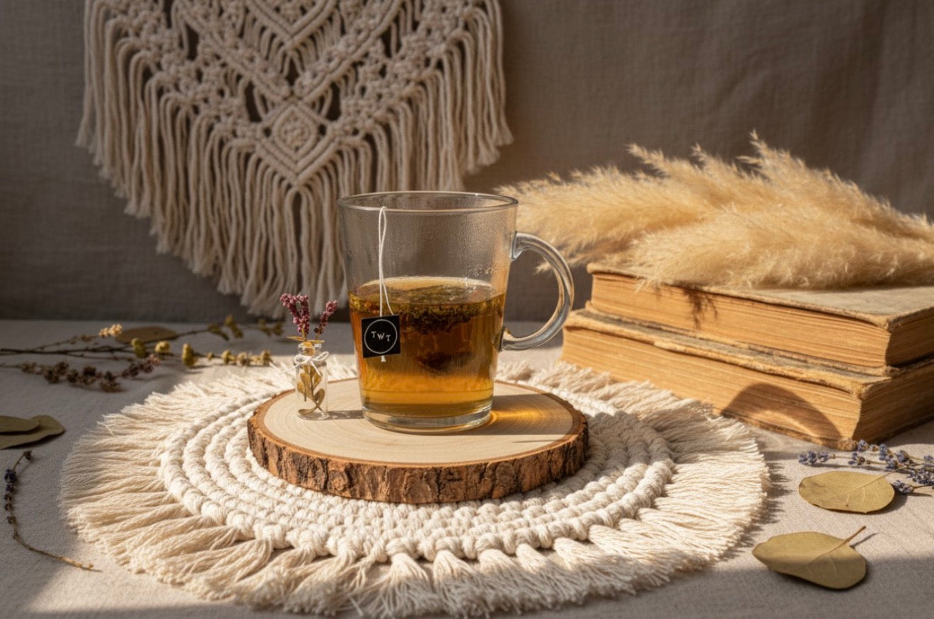 Glass of tea on a wooden coaster with macrame wall hanging and books in the background