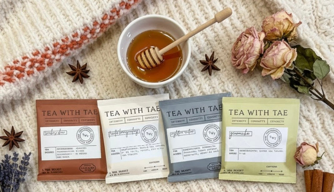Four 'Tea with Tae' tea bags displayed in front of a bowl of honey with a wooden dipper, surrounded by dried flowers and spices on a textured fabric background.