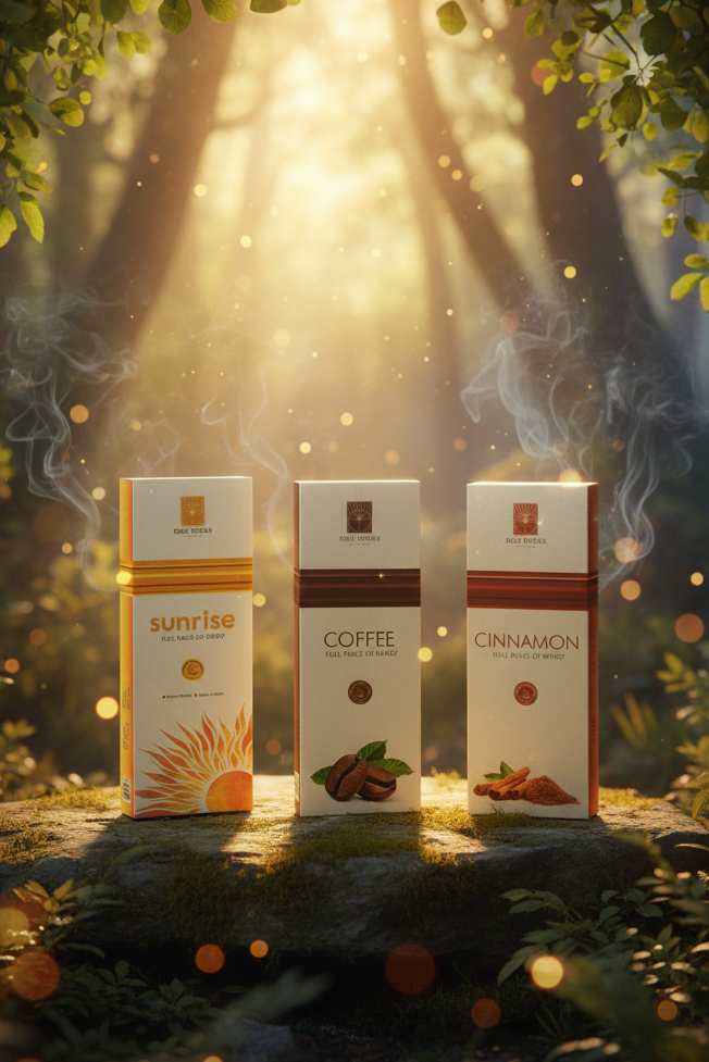 Three incense boxes labeled 'Sunrise', 'Coffee', and 'Cinnamon' in a mystical forest setting with sunlight filtering through.