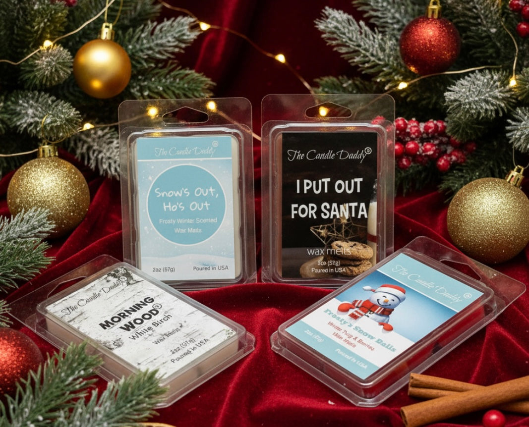 Four wax melts in clear packaging with humorous, funny labels on a red fabric background with Christmas decorations.
I put out for Santa, frosty's snow balls, morning wood, and snows out hos out.