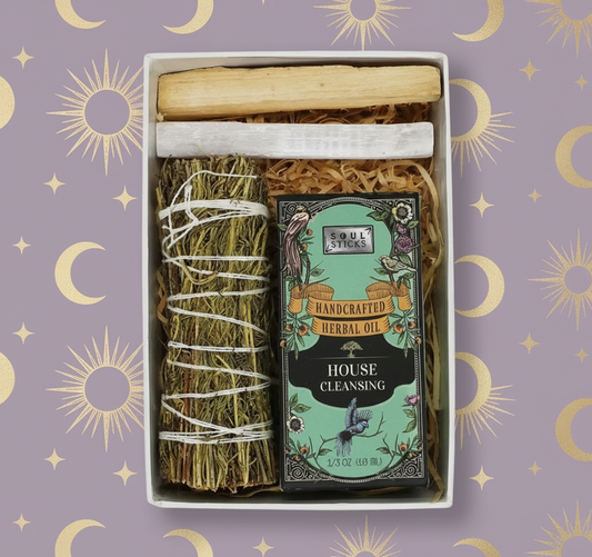 Herbal oil packaging with sticks and herbs on a purple background with celestial patterns. House cleansing kit.