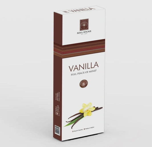 Vanilla incense product with brand logo and vanilla flower illustration on a light gray background