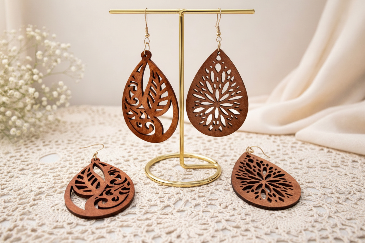 Wooden earrings with intricate designs on a gold stand against a neutral background