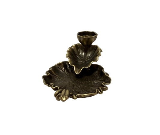 Bronze frog leaf-shaped three-tiered back flow incense burner on a white background