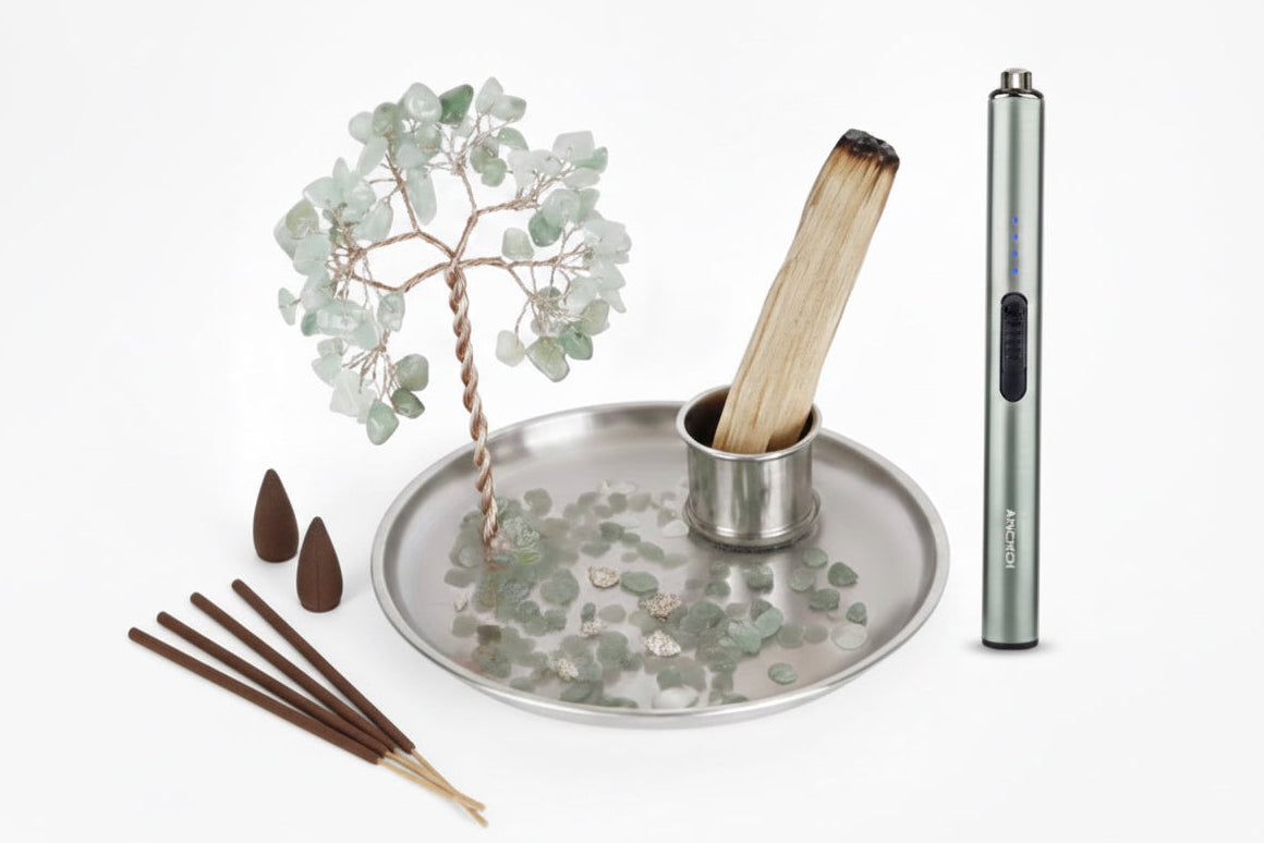 Tree & Tide Ritual Set: Gemstone Holder, Rechargeable Lighter, Incense.