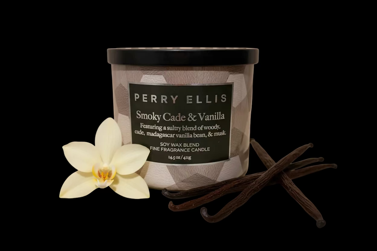 Perry Ellis candle with a geometric pattern on a beige background