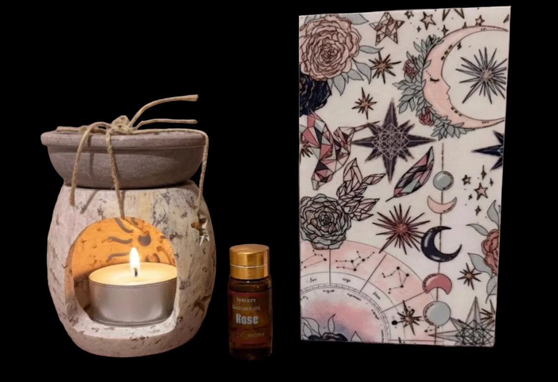 Aromatherapy soapstone decoration with a lit candle next to an incense holder with celestial designs on a black surface.