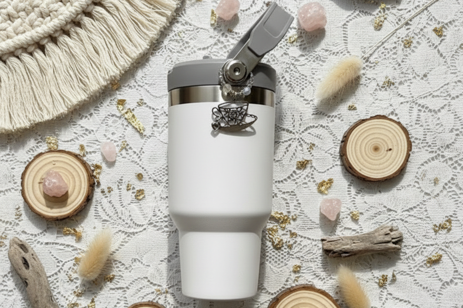 White travel mug with tumbler teacup charm with wooden accents on a textured surface