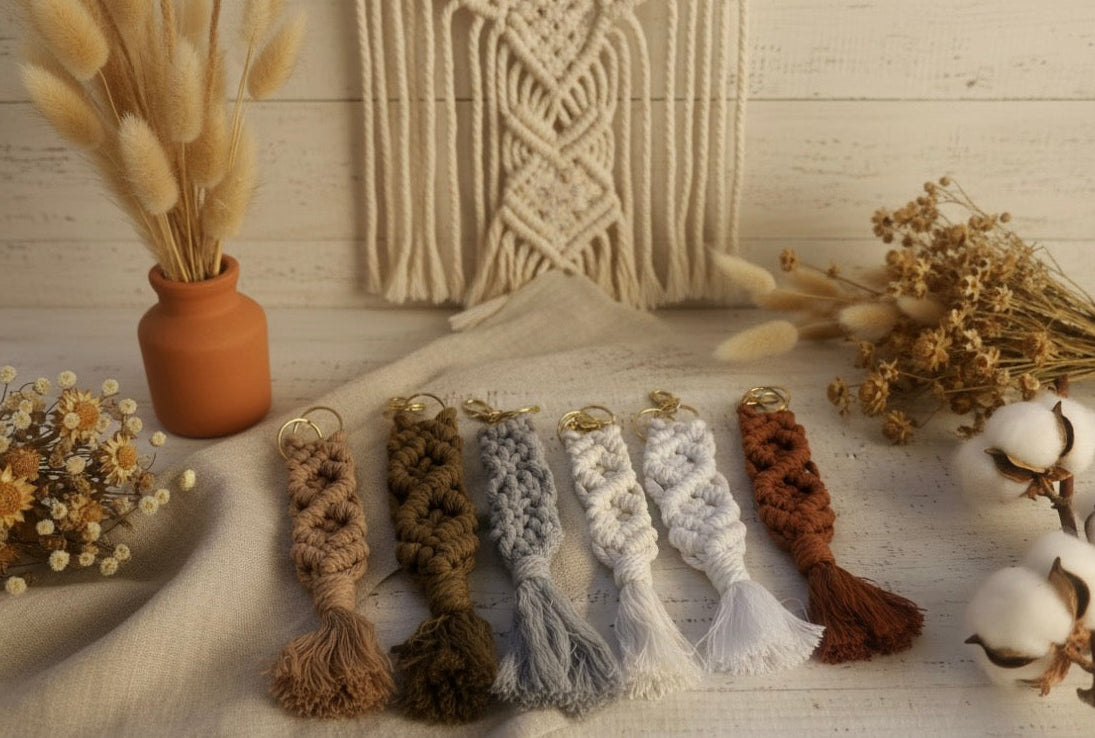Set of six knitted macrame keychains on a textured surface with decorative elements like dried plants and macrame wall hanging.