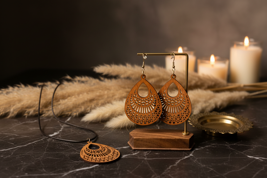 Boho Goddess Wooden Earring and Necklace Set - Lightweight Laser Cut Jewelry