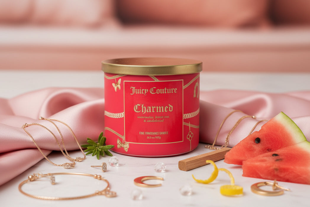 Juicy Couture 'Charmed' candle with red packaging and gold accents on a beige background