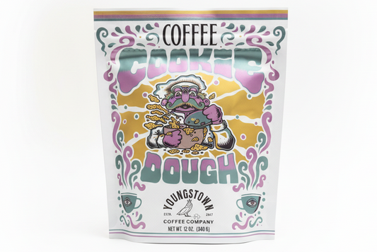 Cookie Dough Coffee packaging with colorful design and text on a white background