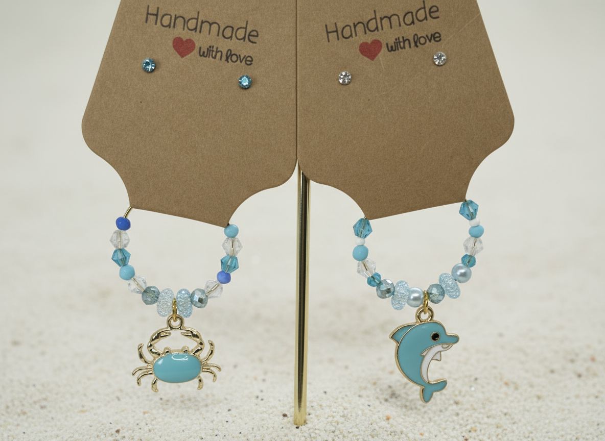 Ocean Dreams wine glass charms - White Sand Beach. Blue crab and dolphin. Glass beads.