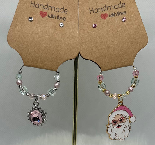 Christmas Wine Glass Charms - Pale Pink & Mint - Santa & Gemstone •Set of 2