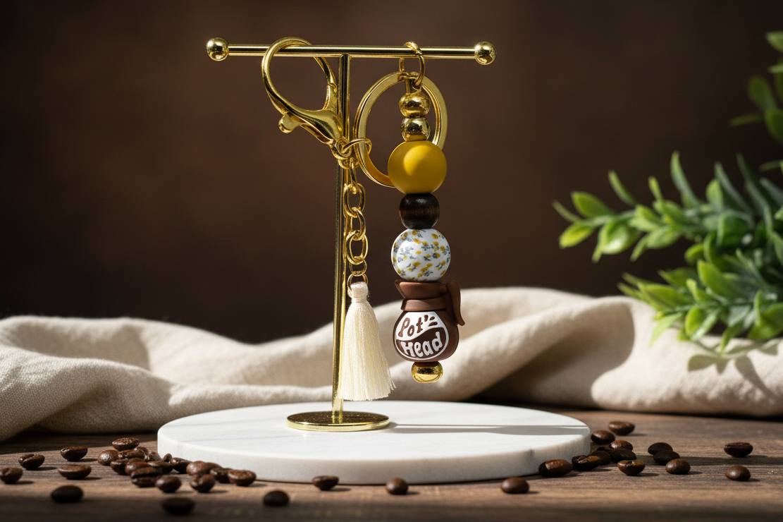 Floral tassel coffee pot keychain on a stand with coffee beans and a plant in the background 