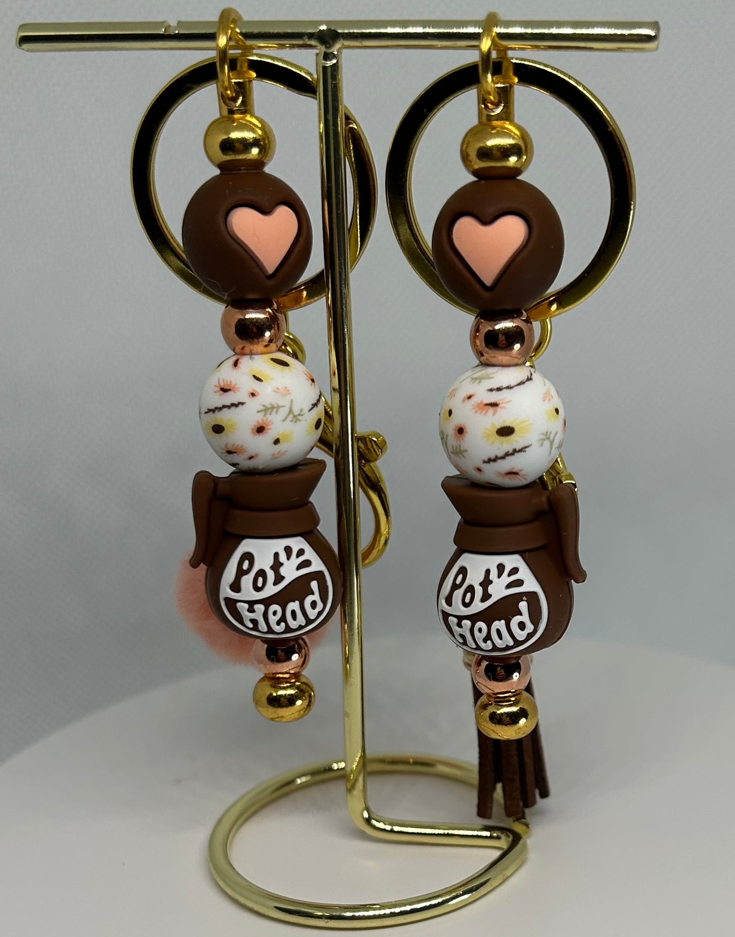 Pot Head Bag Charm / Keychain - Brown, Pink, Gold & Rose Gold