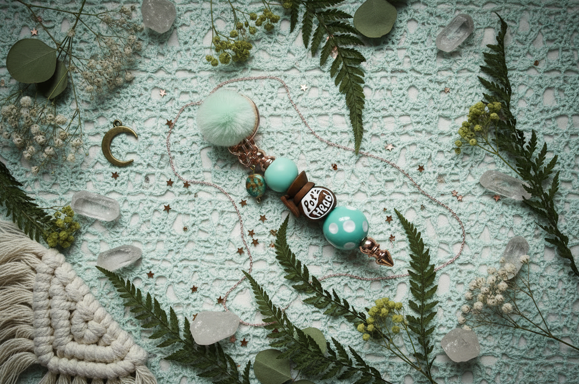 Pot Head Keychain with turquoise beads and greenery on a marble surface