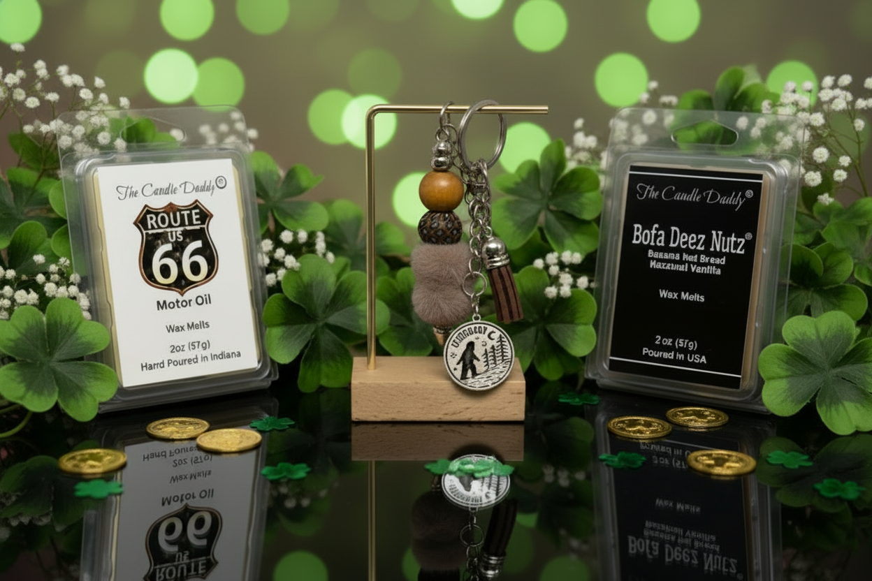 Decorative items including wax melts and a big foot keychain on a reflective surface with a green, bokeh background.