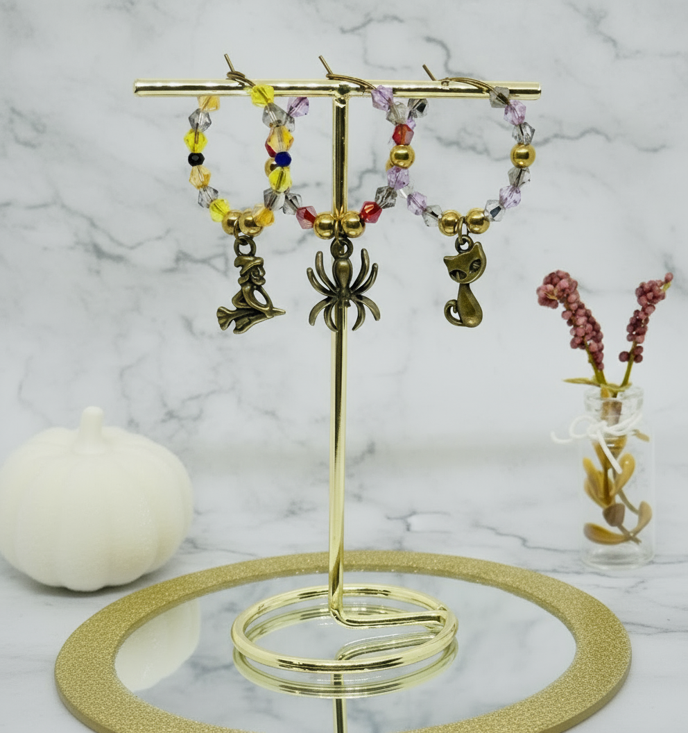 Last Chance SALE!!! Halloween Wine Glass Charms by Lez - Witch, Spider & Cat •Set of 3