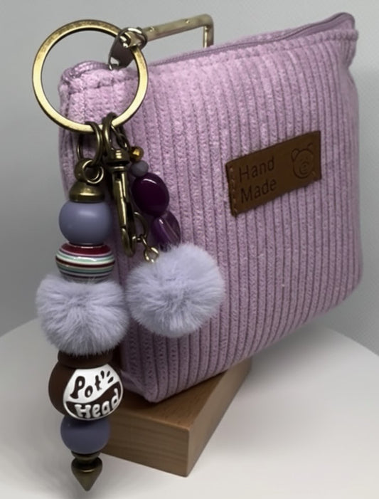 Pot Head Bag Charm / Keychain - Grayish Purple with Zip Pouch