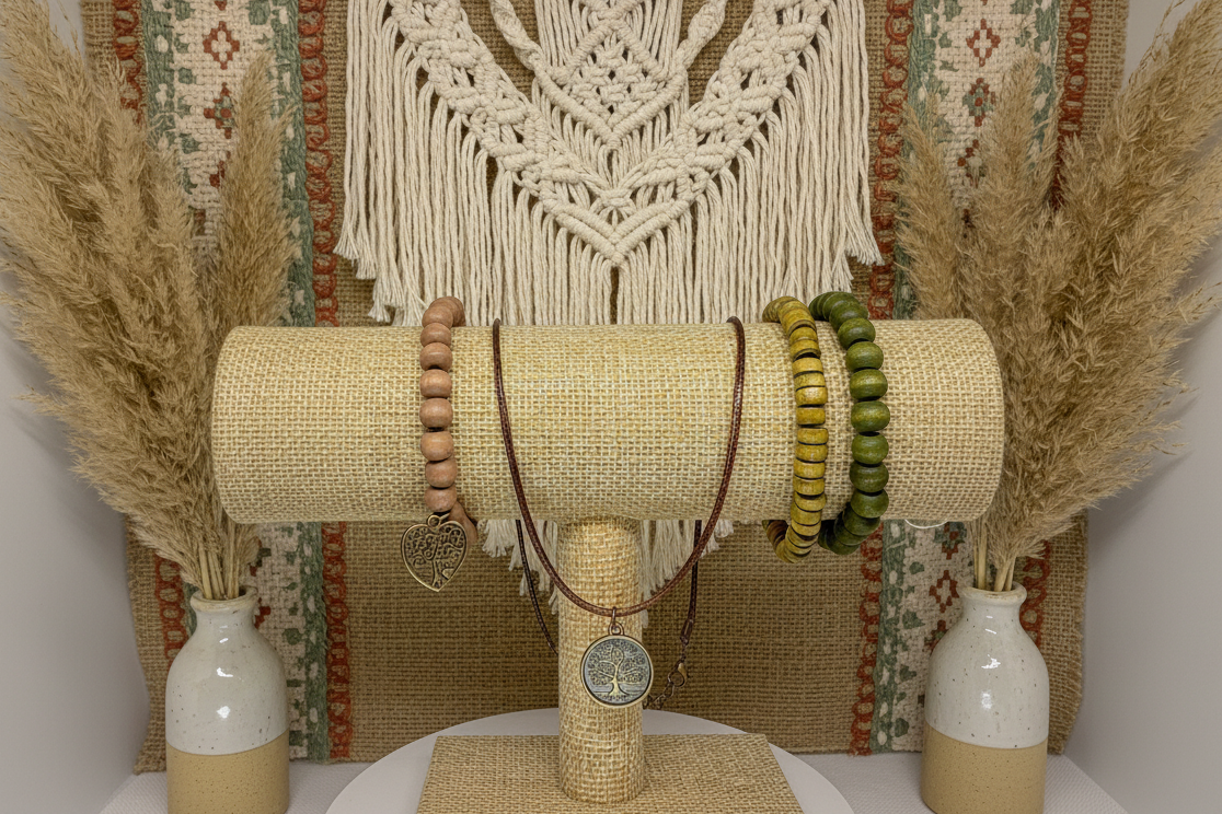 Beaded bracelets and a necklace on a wooden stand with decorative macrame wall hanging and pampas grass.