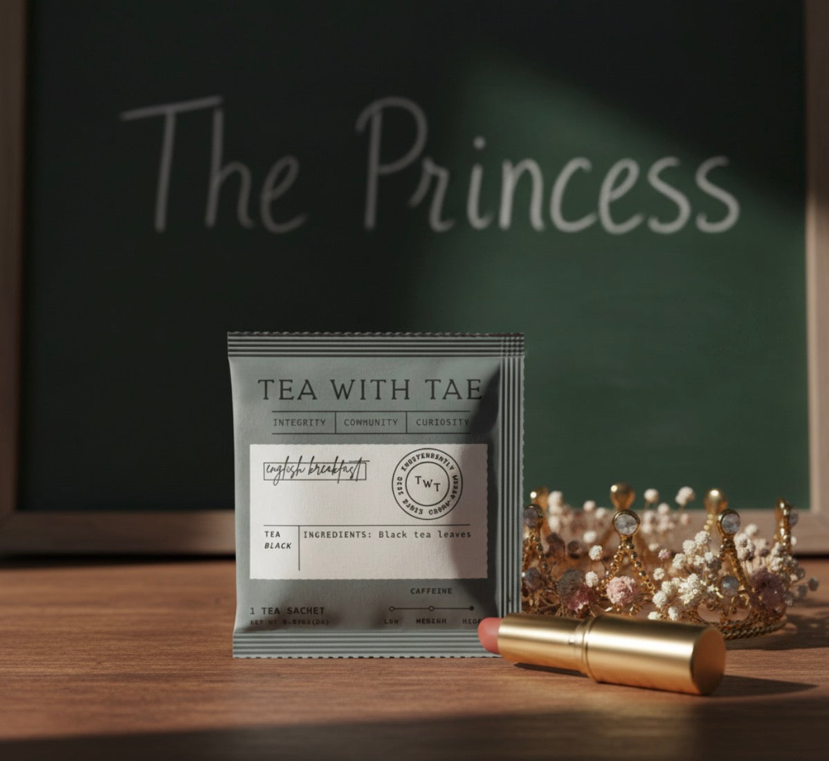 Tea package labeled 'Tea with Tae' on a wooden surface with a tiara and lipstick.