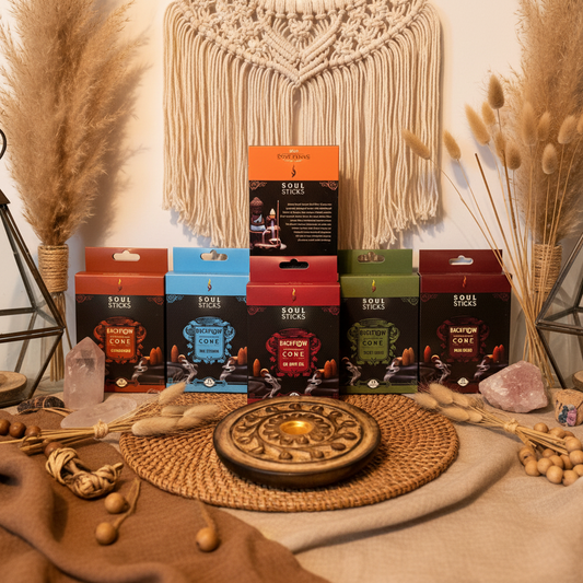 Ritual Collection: Nag Champa, Palo Santo, Copal, Cinnamon, Go Away Evil, SweetGrass + Holder. 60 Backflow Incense Cones.